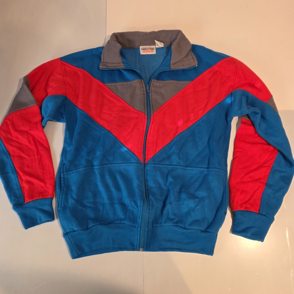 Vintage-Inspired Men's Blue & Red Zip-Up Sweater Jacket